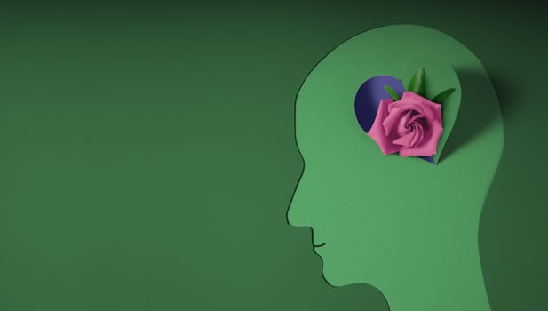 Mental Health Awareness Month Concept. Self Care, Positive Thinking, Happy and Optimistic Mind. Paper cut as a Head with a Rose Flowers on Brain photo