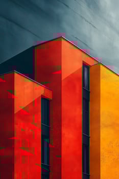 Vibrant red and yellow apartment buildings under a moody sky, showcasing modern architecture and striking color contrasts. photo