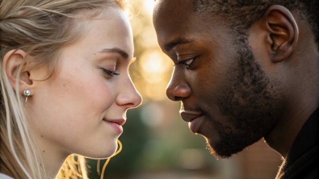 A young man and woman are looking at each other photo