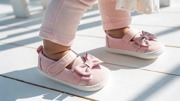 A child's pink shoes with bows on them photo