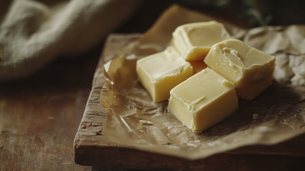 Golden Butter Cubes on Rustic Wooden Board photo