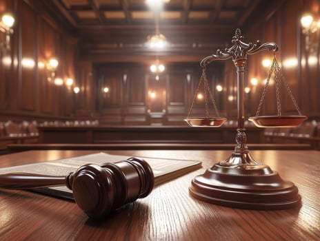 Justice scales and gavel in a quiet courtroom setting photo
