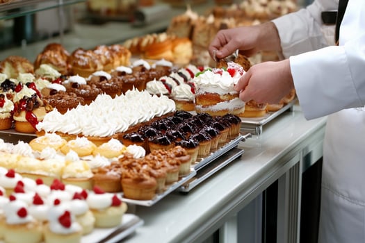 A person in a white coat is holding a pastry photo