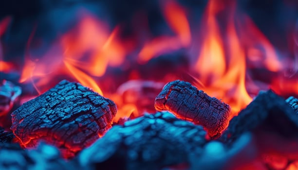 Burning Coals Closeup Outdoor Fire Nature Photography Dark Background Copyspace photo