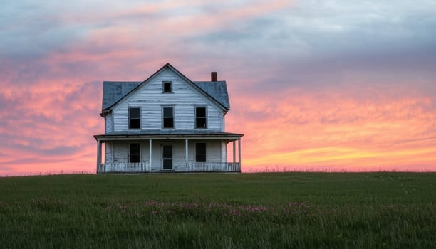 Abandoned Farmhouse at Sunset Rural Landscape Photo with Background and Copyspace