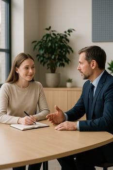 A man and woman sitting at a table talking photo