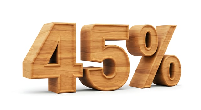 Wooden Forty-five Percent Sign on White Background Showing Discount photo
