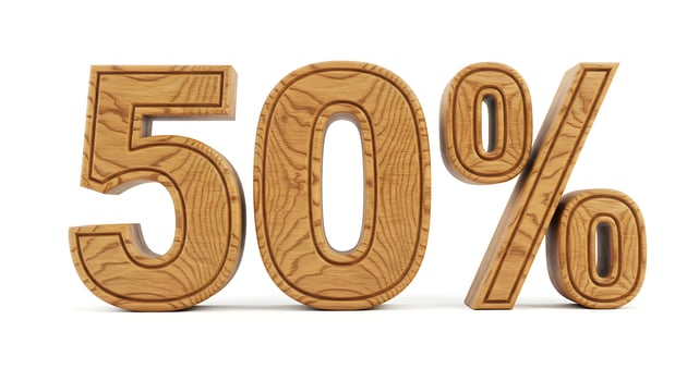 Displaying Fifty Percent Discount with Wooden Numbers on a White Background photo