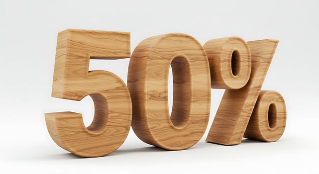 Fifty Percent Discount Symbol in Wood Texture on White Background photo