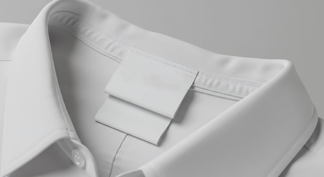 Examining a Plain White Collared Shirt with Blank Labels Close Up photo