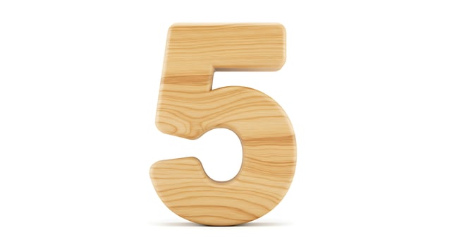 Wooden Number Five Standing on White Background Education Concept photo