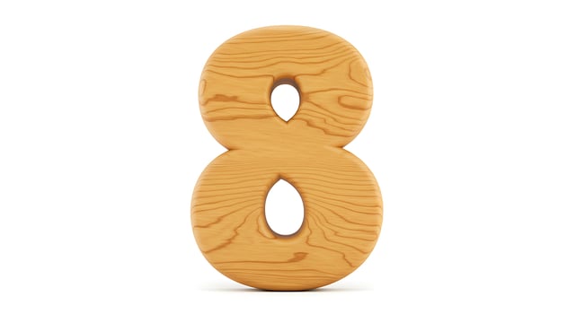 Wooden Number Eight Standing on White Background in Studio Lighting photo