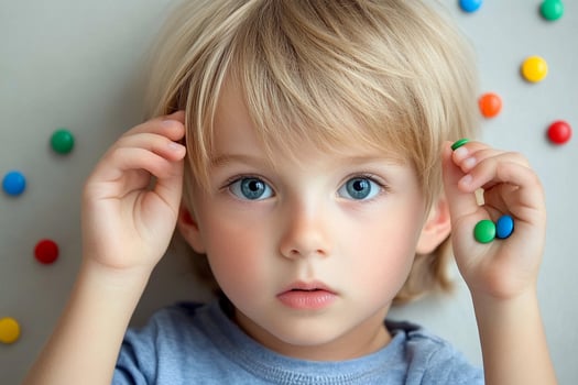 A young child is holding a handful of colorful candies photo