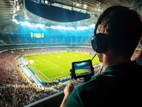 Sports analyst monitors soccer match from stadium control room photo