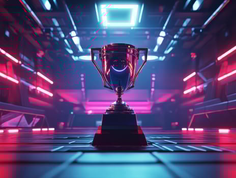 Futuristic trophy stands in illuminated arena with vibrant lights photo