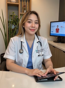 Dedicated woman doctor examines tablet screen while standing in modern treatment room photo