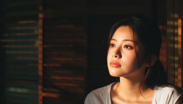 Contemplative Asian Woman Gazing from Sunlit Window Indoor Portrait Soft Light Background Copyspace photo
