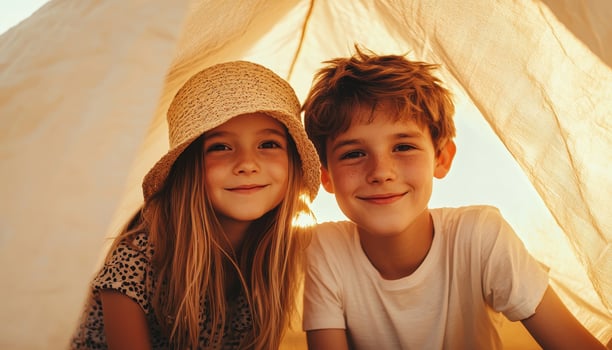 Teenage Friends Building a Whimsical Tent Together Cozy Background Copyspace for Memories photo
