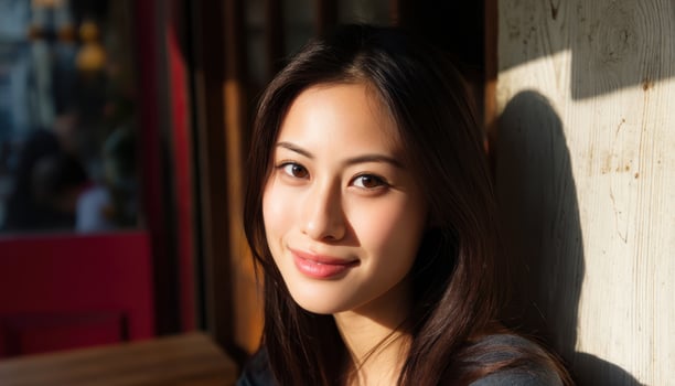 Radiant Asian Woman Closeup with Copyspace Background Lifestyle Photo in Natural Light