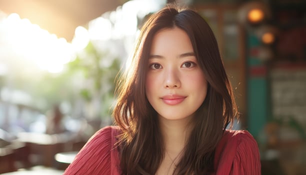 Radiant Asian Woman Closeup Portrait Outdoor Cafe Lifestyle Natural Background Copyspace photo