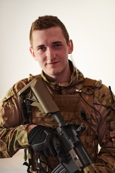 Modern warfare soldier portrait in urban environment photo