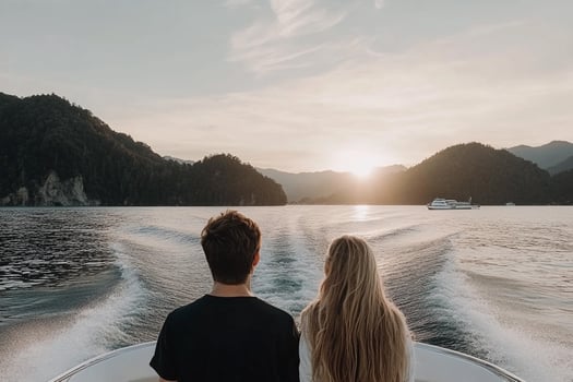 Couple on a boat at sunset photo