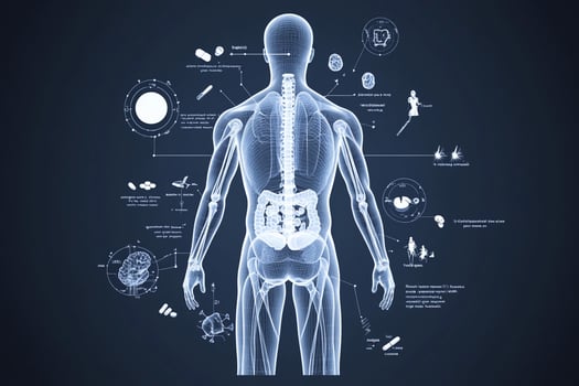 Human body anatomy diagram with organs and organs on a dark background photo