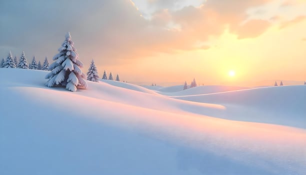 Snow-covered hills basking in the golden hues of sunrise photo