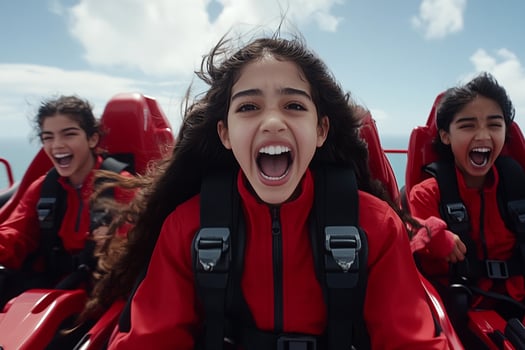 Three girls in red jackets are having fun on a roller coaster photo