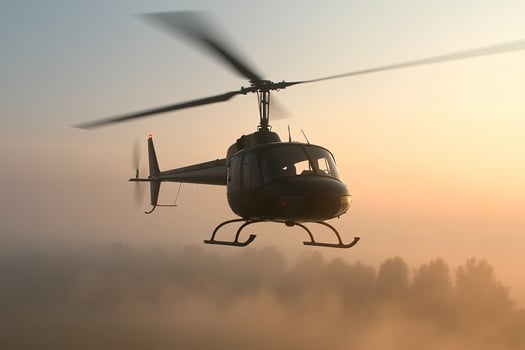 Helicopter flying over foggy landscape at sunrise photo