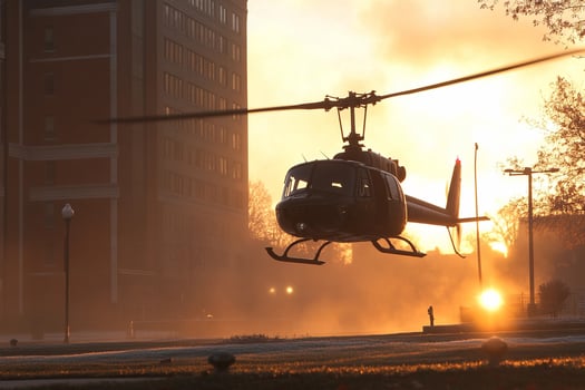 A helicopter is flying over a city at sunset photo