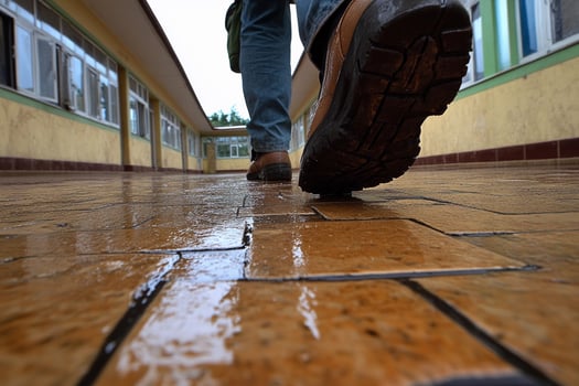 A person walking on a wet brick floor photo