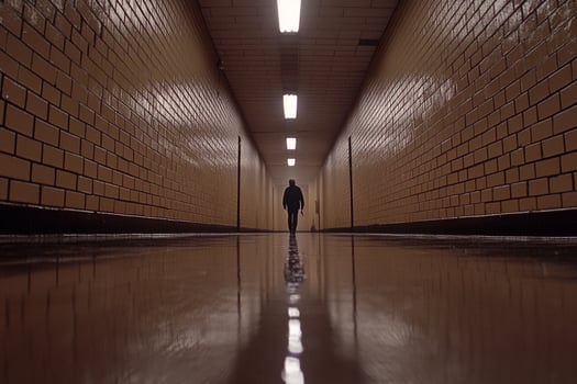 A man walks down a long hallway in a dark room photo