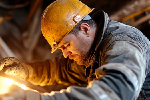 A man in a hard hat is working on a piece of metal photo