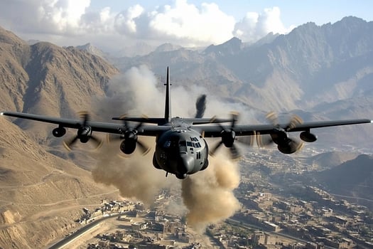A military plane flying over mountains with smoke coming out of it photo