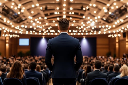 A man in a suit stands in front of a large crowd photo