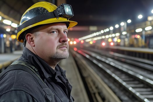 A man wearing a hard hat and a yellow helmet stands in front of a train photo