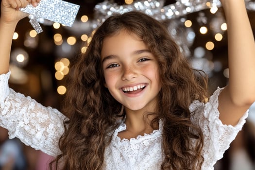 A young girl holding up a gift card photo