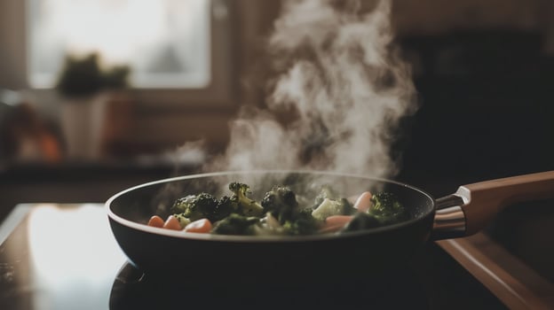 A pan with broccoli and other vegetables cooking on the stove photo