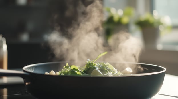 A pan with food on top of a stove photo