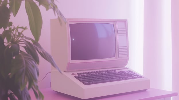 An old computer sitting on a table next to a plant photo