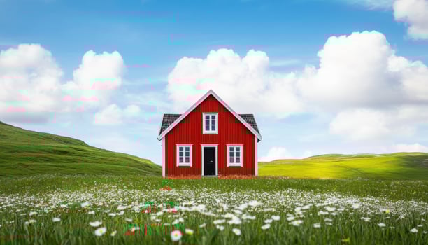 Vibrant Red House on Green Hill Scenic Landscape Nature Background Copyspace View photo