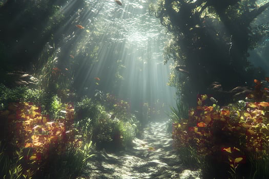 Enchanted Underwater Forest with Sunlit Pathway and Lush Vegetation photo
