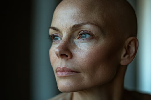 Woman face detail. Bald head woman looks away. Skin detail with light eye color. Soft light near a window. Portrait of thoughtful woman. photo