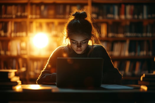 Girl works on computer in library. Warm light illuminates bookshelves. Student studies late. Focused woman typing on laptop. Education and knowledge concept. photo