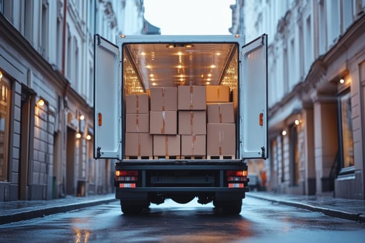 Delivery truck parked on wet street. Open back with boxes. Urban building backdrop. Interior lights on. Cargo delivery in city. photo