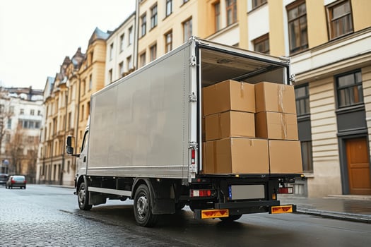 White truck carrying brown cardboard boxes on wet city street. Delivery vehicle with open back parked near buildings. Transportation of goods in urban area. photo