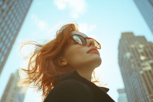 Young adult woman ooking up in city. Red hair blows. Sunglasses reflect buildings. Sunlight shines on skin. Tall buildings surround. Blue sky background. photo