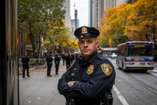 A police officer standing in the middle of a city street photo