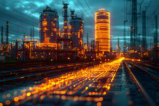 Futuristic Industrial Landscape at Night with Illuminated Oil Refinery and Power Lines photo